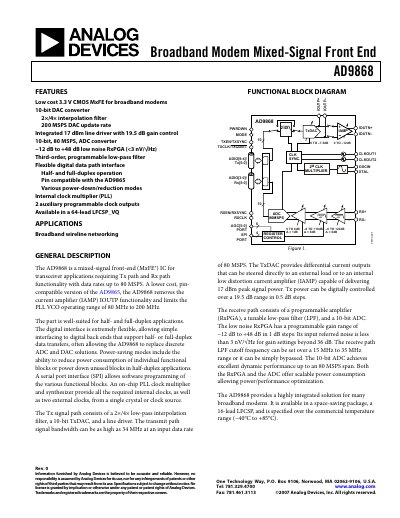 Analog Devices AD9868 Mixed-Signal Front-End Datasheet