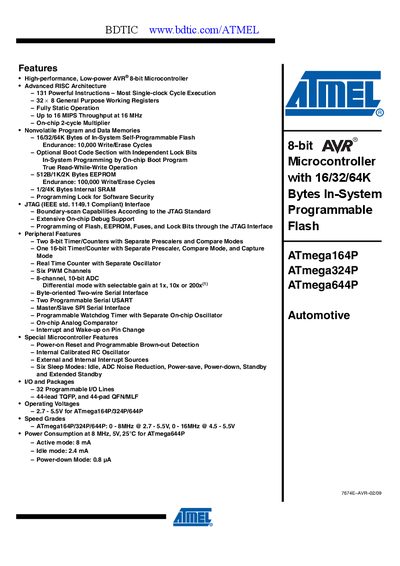 ATMEL Atmel AVR micro controller ATmega324P handbook (1) - cover page