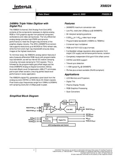 Intersil X98024 240MHz Triple Video Digitizer Datasheet - cover page