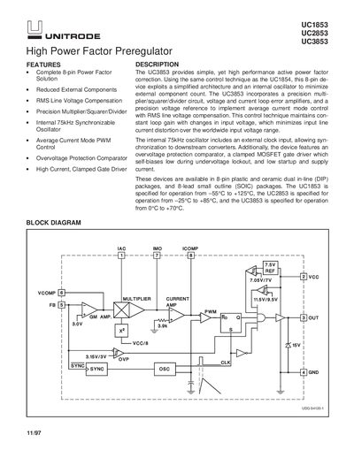 Texas Instruments UC1853/UC2853/UC3853 Power Factor Preregulator Datasheet - cover page