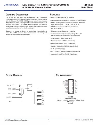 IDT 85104I Fanout Buffer Data Sheet