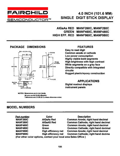 Fairchild MANF260C/MANF280C/MANF460C/MANF480C/MANF960C/MANF980C Single Digit Stick Display Manual - cover page