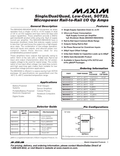 Maxim Integrated MAX4040–MAX4044 Micropower Op Amp Datasheet - cover page