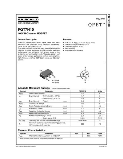 Fairchild FQT7N10 100V N-Channel MOSFET Datasheet