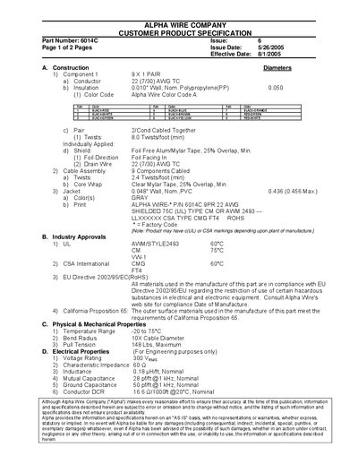 Alpha Wire 6014C Customer Product Specification - cover page