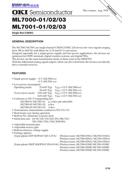 OKI ML7000/ML7001 Single Rail CODEC Datasheet - cover page