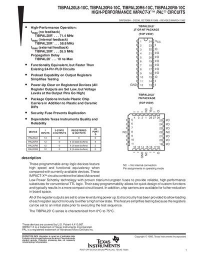 TEXAS INSTRUMENTS TIBPAL20L8-10C TIBPAL20R4-10C TIBPAL20R6-10C TIBPAL20R8-10C handbook - cover page