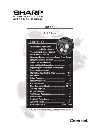 Sharp R-409HK Microwave Oven Operation Manual - cover page