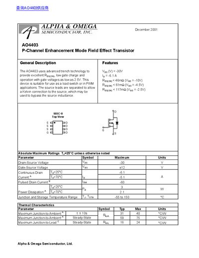 Alpha & Omega AO4403 P-Channel Enhancement Mode Field Effect Transistor Datasheet - cover page