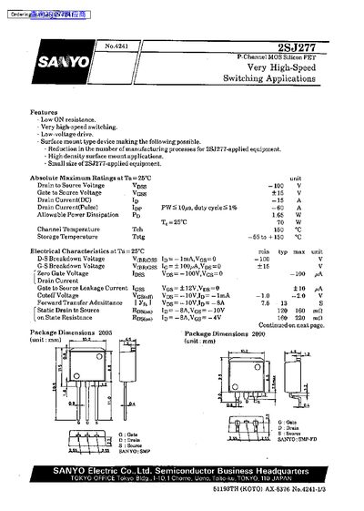 Sanyo 2SJ277 P-Channel MOSFET Datasheet - cover page