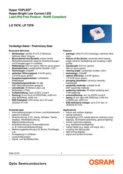 OSRAM LG T67K / LP T67K LED Datasheet - cover page