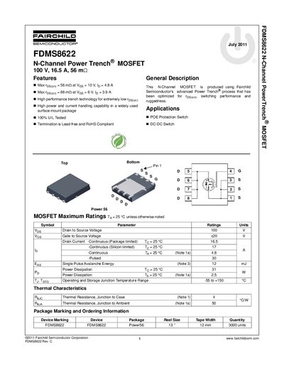 Fairchild Semiconductor FDMS8622 N-Channel Power Trench MOSFET Datasheet - cover page