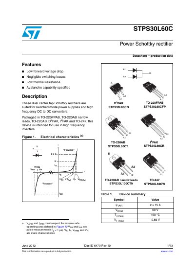STMicroelectronics STPS30L60C Power Schottky Rectifier Datasheet