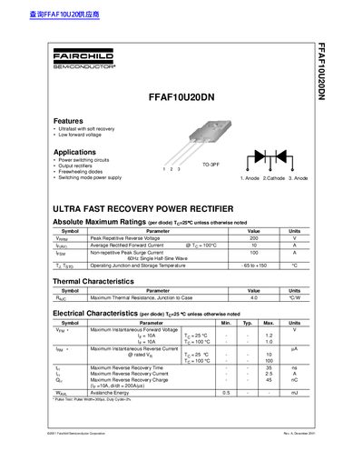 Fairchild Semiconductor FFAF10U20DN Ultrafast Recovery Power Rectifier Datasheet - cover page