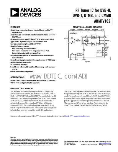 Analog Devices ADMTV102 RF Tuner IC Datasheet - cover page