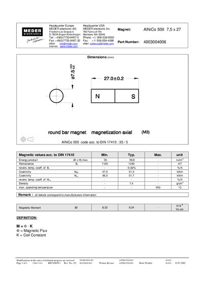 MEDER AlNiCo 500 7.5 x 27 Magnet Datasheet - cover page