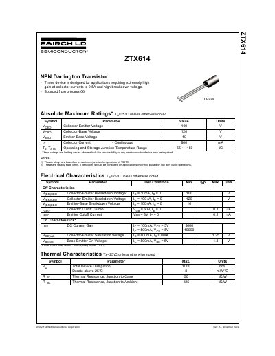 Fairchild ZTX614 NPN Darlington Transistor Datasheet - cover page