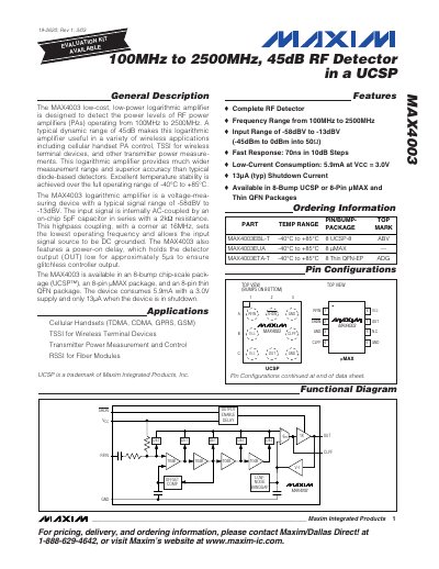 Maxim MAX4003 RF Detector Datasheet - cover page