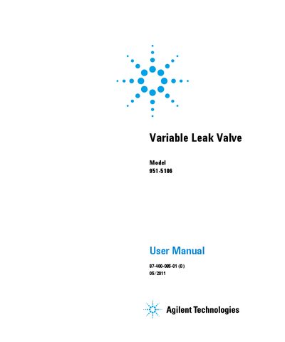 Agilent Technologies Variable Leak Valve Model 951-5106 User Manual - cover page