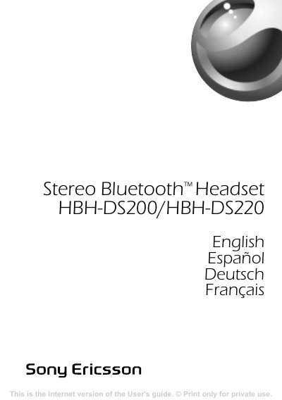 Sony Ericsson HBH-DS220 Stereo Bluetooth Headset User Guide - cover page