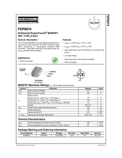 Fairchild FDP8874 N-Channel PowerTrench MOSFET Datasheet - cover page