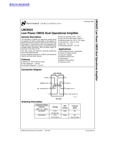 National Semiconductor LMC6022 CMOS Dual Operational Amplifier Datasheet - cover page
