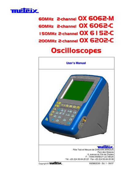 Chauvin Arnoux OX 6062-M/6062-C/6152-C/6202-C Oscilloscope User Manual
