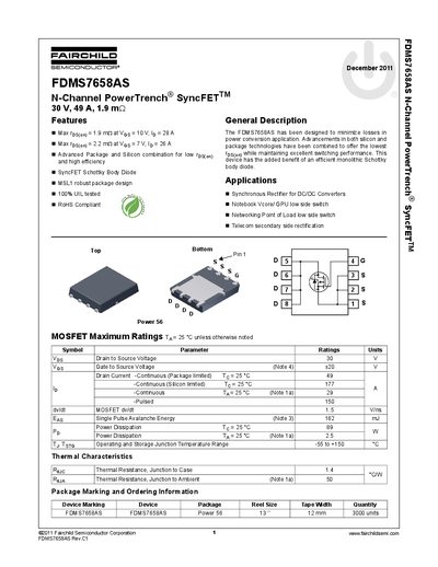 Fairchild Semiconductor FDMS7658AS N-Channel PowerTrench SyncFET Datasheet - cover page