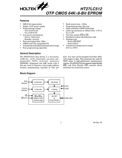 Holtek HT27LC512 OTP CMOS 64K×8-Bit EPROM Datasheet - cover page