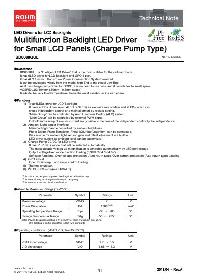 ROHM BD6088GUL LED Driver Technical Note - cover page