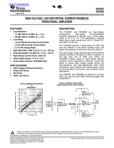Texas Instruments THS3091/THS3095 High-Voltage Operational Amplifiers Datasheet
