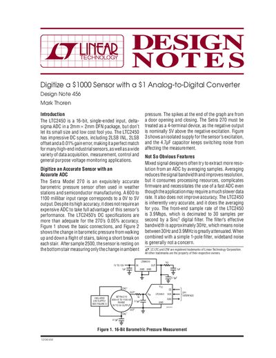 LINEAR Digitize a $1000 Sensor with a $1 Analog-to-Digital Converter Design Note 456 Mark Thoren - cover page