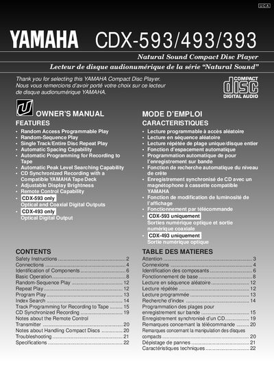 Yamaha CDX-593/493/393 Compact Disc Player Owner's Manual