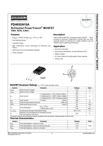 Fairchild Semiconductor FDH055N15A N-Channel PowerTrench MOSFET Datasheet - cover page
