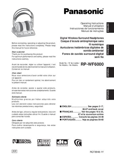 Panasonic RP-WF6000 Digital Wireless Surround Headphones Operating Instructions - cover page