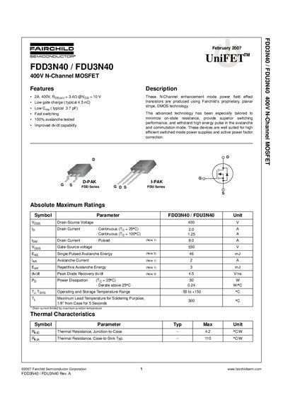 Fairchild Semiconductor FDD3N40/FDU3N40 400V N-Channel MOSFET Datasheet - cover page