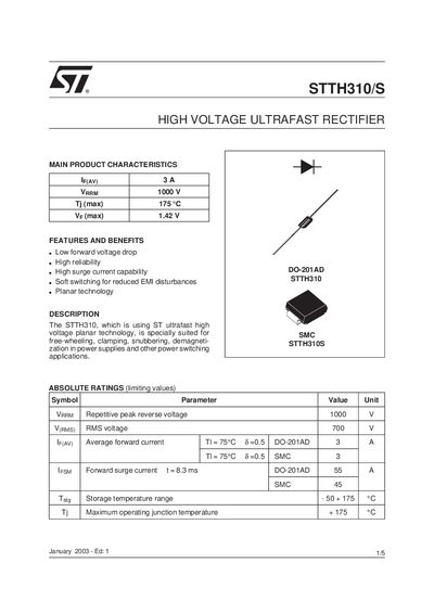 STMicroelectronics STTH310/S High Voltage Ultrafast Rectifier Datasheet - cover page