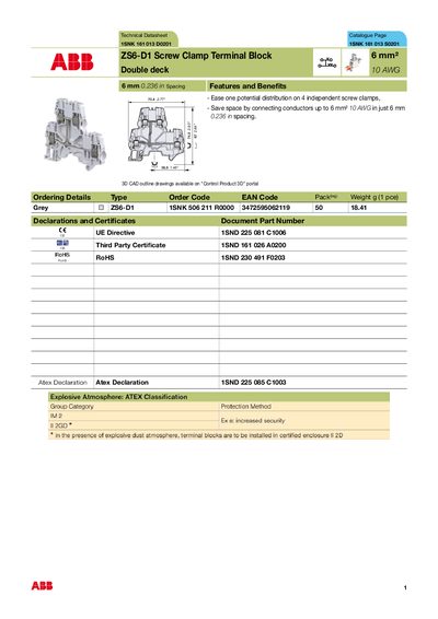 ABB 1SNK 161 013 D0201 1SNK 161 013 S0201 ZS6-D1 Screw Clamp Terminal Block 6 mm Double deck - cover page