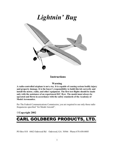 Carl Goldberg Lightnin' Bug R/C Airplane Assembly Manual - cover page