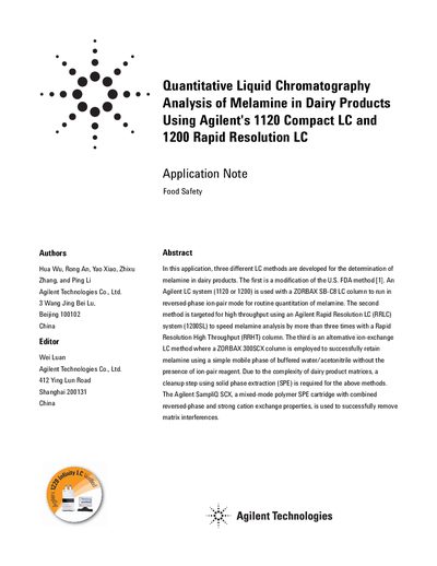 Agilent 1120/1200 LC Melamine Analysis Application Note - cover page