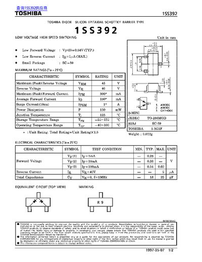 Toshiba 1SS392 Schottky Diode Datasheet - cover page
