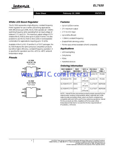 Intersil EL7630 White LED Boost Regulator Datasheet - cover page