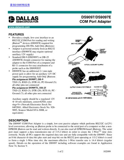 Dallas Semiconductor DS9097/DS9097E COM Port Adapter Product Leaflet - cover page