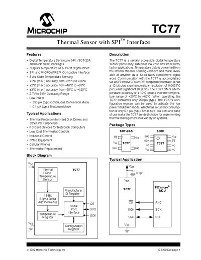 Microchip TC77 Thermal Sensor Datasheet - cover page