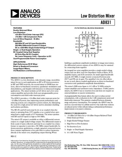 Analog Devices AD831 Mixer Datasheet - cover page