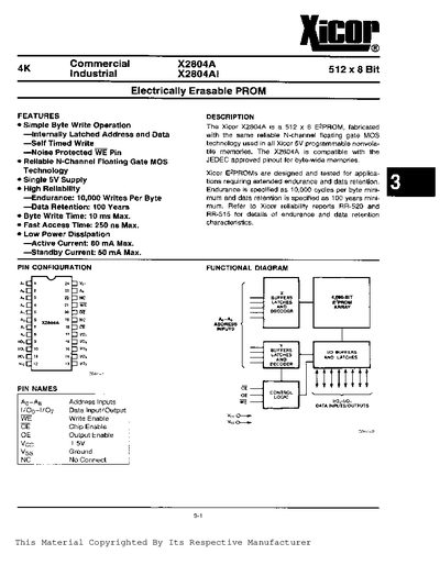 Xicor X2804A X2804AI Data Sheet - cover page