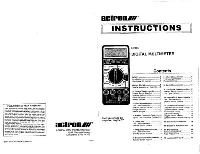 Actron 2-2210 Digital Multimeter User Manual - cover page