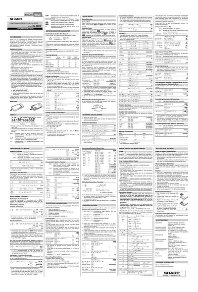 Sharp EL-503W Fraction/Scientific Calculator User Manual - cover page