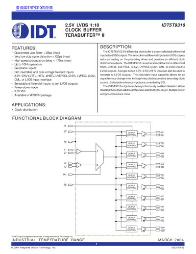 IDT IDT5T9310 2.5V LVDS 1:10 Clock Buffer Terabuffer™ II Datasheet - cover page