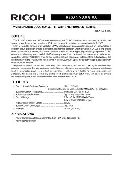 Ricoh R1232D Series PWM Step-Down DC/DC Converter Datasheet